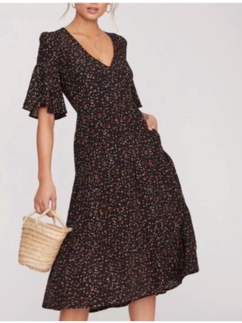 Faithfull the Brand Black Floral V-Neck Midi Dress with Ruffled Sleeves